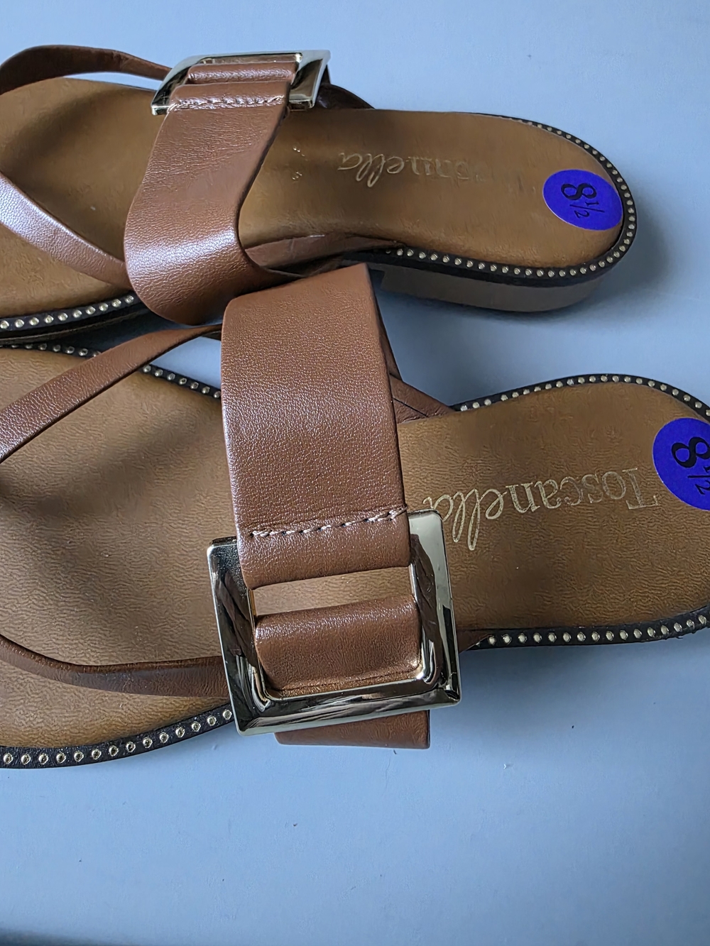 TOSCANELLA Tan Leather Slide Sandals with Stud Detail.Made in ITALY - Picture 2 of 7